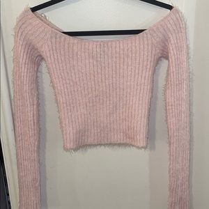 Pink fuzzy off the shoulder top